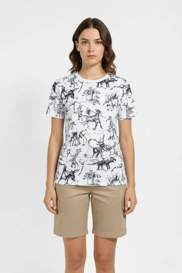 Kadın Beyaz Dinozor Desenli Tişört Regular Kalıp Bisiklet Yaka Dijital Baskılı - Beyaz