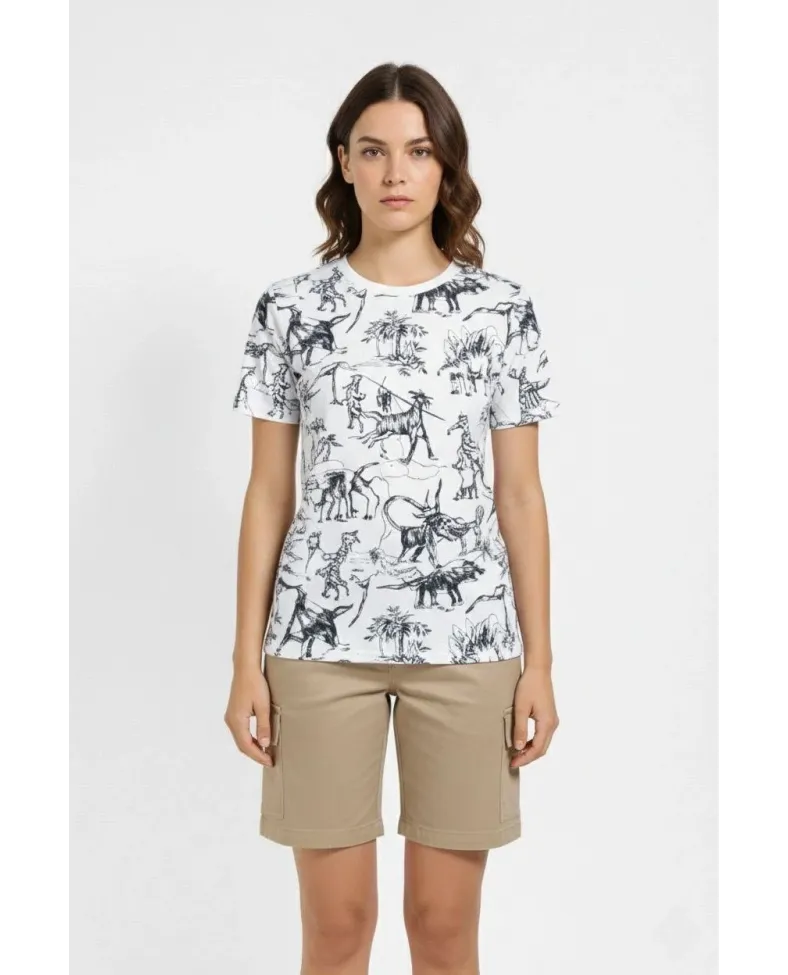 Kadın Dinozor Dijıtal ön ve arka Baskılı Tişört Bisiklet Yaka T-Shirt - Beyaz Somersan Giyim | Kadın, Erkek ve Çocuk Moda