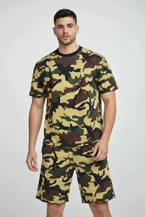 Erkek Kamuflaj Desenli Tişört Şort Takım Regular Fit Spor 2’li - Kamuflaj