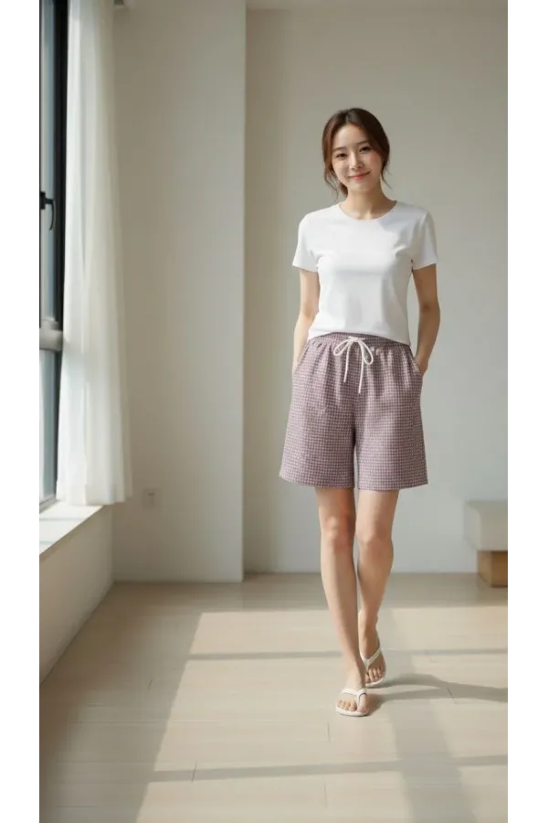 Kadın Pötikareli Şort Beli Lastikli Bağcıklı Cepli Kesim Şort - Gül Kurusu