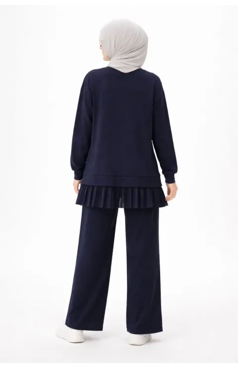 Osy Modal yumuşak dokulu Tesettür Pliseli Takım Uzun Tunik Pantolon İkili Kombin - Lacivert