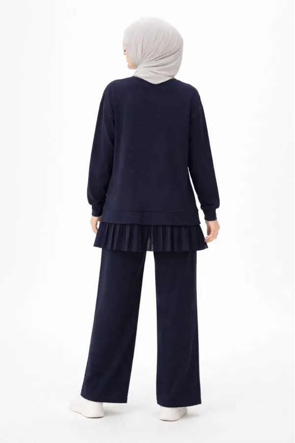 Osy Modal yumuşak dokulu Tesettür Pliseli Takım Uzun Tunik Pantolon İkili Kombin - Lacivert