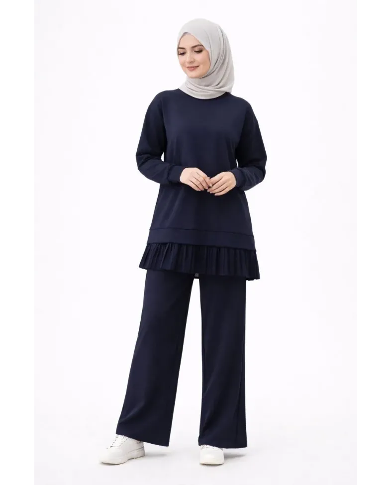 Osy Modal yumuşak dokulu Tesettür Pliseli Takım Uzun Tunik Pantolon İkili Kombin - Lacivert