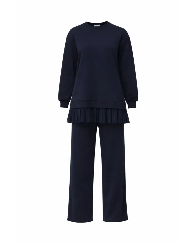 Osy Modal yumuşak dokulu Tesettür Pliseli Takım Uzun Tunik Pantolon İkili Kombin - Lacivert