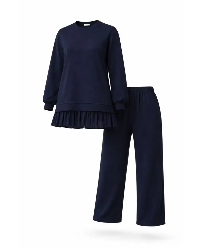 Osy Modal yumuşak dokulu Tesettür Pliseli Takım Uzun Tunik Pantolon İkili Kombin - Lacivert