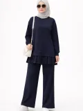 Osy Modal yumuşak dokulu Tesettür Pliseli Takım Uzun Tunik Pantolon İkili Kombin - Lacivert