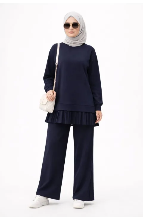 Osy Modal yumuşak dokulu Tesettür Pliseli Takım Uzun Tunik Pantolon İkili Kombin - Lacivert