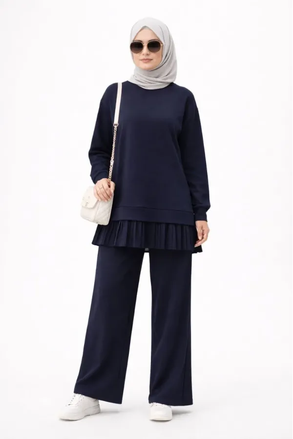 Osy Modal yumuşak dokulu Tesettür Pliseli Takım Uzun Tunik Pantolon İkili Kombin - Lacivert