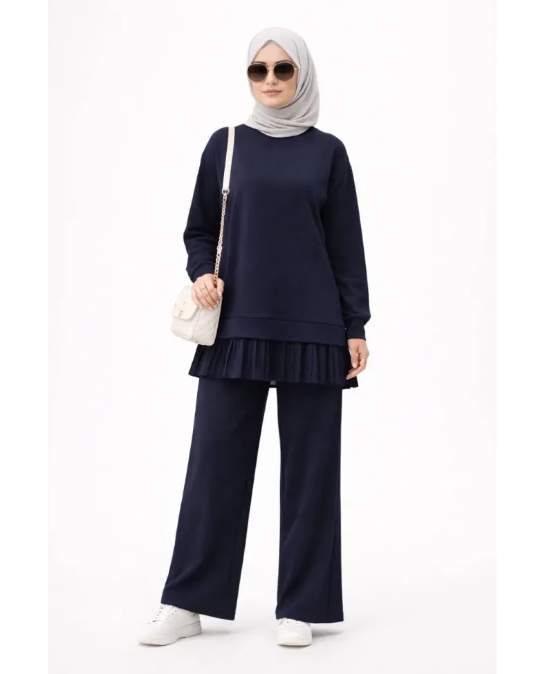 Osy Modal yumuşak dokulu Tesettür Pliseli Takım Uzun Tunik Pantolon İkili Kombin - Lacivert