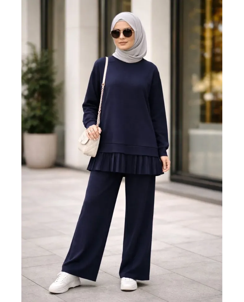 Osy Modal yumuşak dokulu Tesettür Pliseli Takım Uzun Tunik Pantolon İkili Kombin - Lacivert