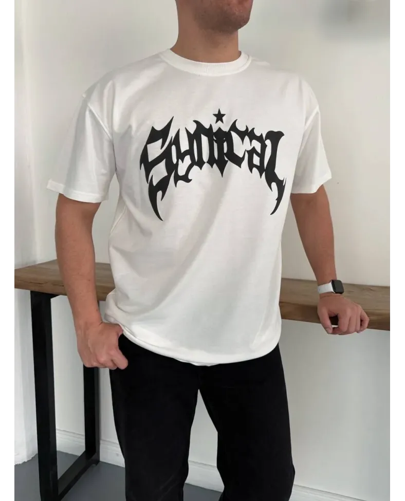 Erkek Kısa Kol Yazlık Tişört Bisiklet Yaka Baskılı Oversize T-Shirt - Beyaz