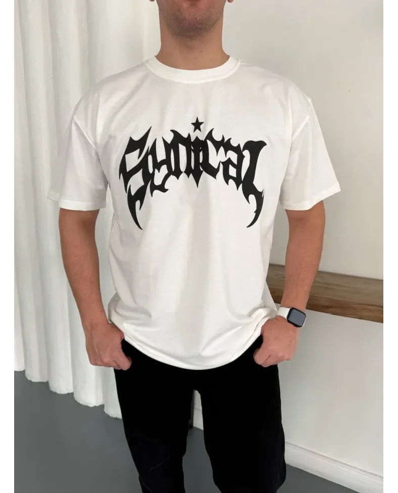 Erkek Kısa Kol Yazlık Tişört Bisiklet Yaka Baskılı Oversize T-Shirt - Beyaz