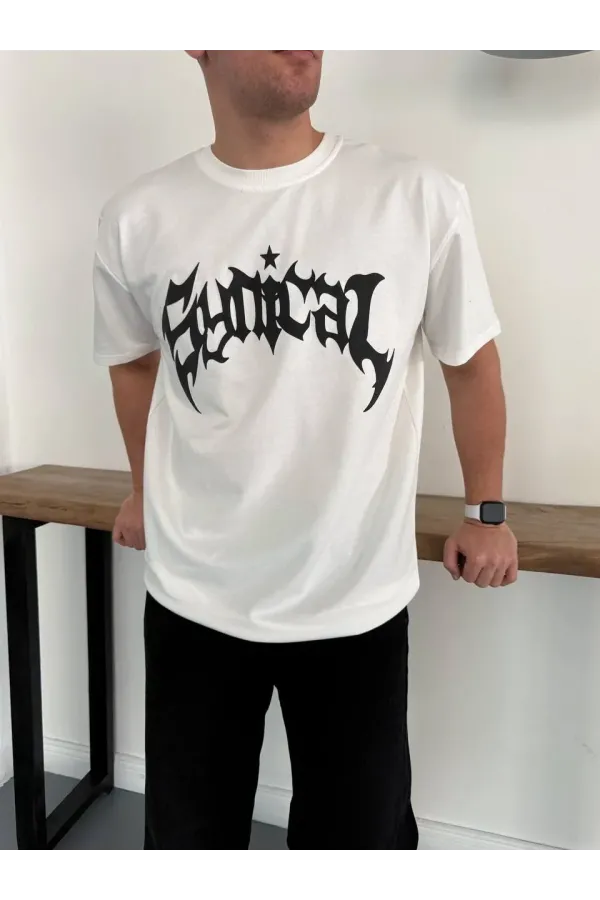 Erkek Bisiklet Yaka Ön Baskılı Kısa Kollu Tişört Streetwear Günlük Basic Pamuklu T-shirt - Beyaz