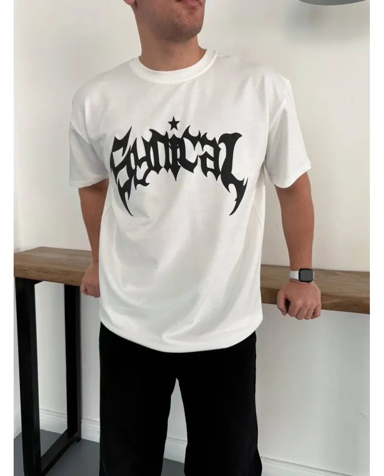 Erkek Kısa Kol Yazlık Tişört Bisiklet Yaka Baskılı Oversize T-Shirt - Beyaz