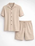 Erkek Waffle Kumaş Kısa Kol Gömlek Şort Takım Regular Yazlık İkili Set - Bej Somersan Giyim | Kadın, Erkek ve Çocuk Moda