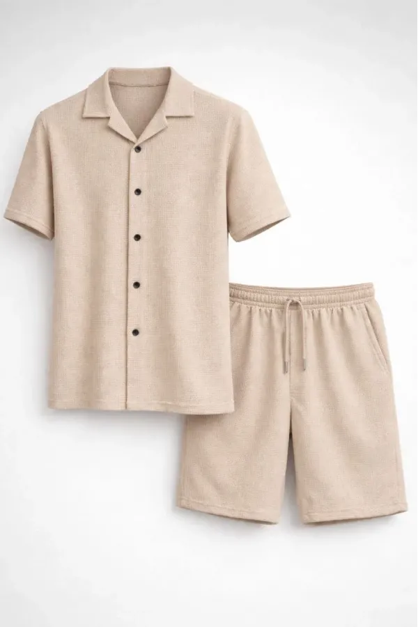 Erkek Waffle Kısa Kollu Gömlek Şort Takım Regular Fit İkili Set - Bej