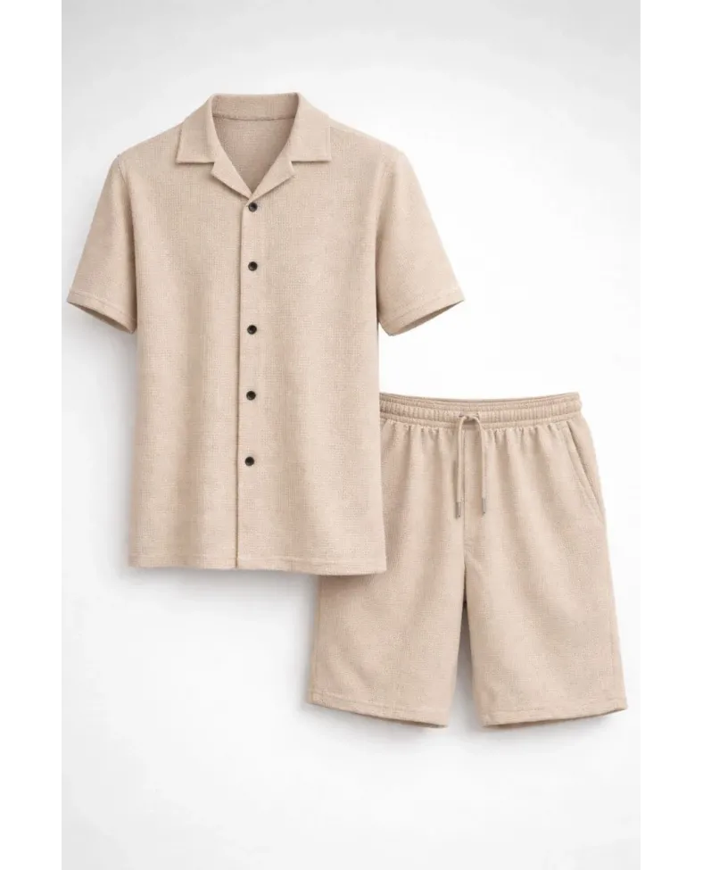Erkek Waffle Kumaş Kısa Kol Gömlek Şort Takım Regular Yazlık İkili Set - Bej Somersan Giyim | Kadın, Erkek ve Çocuk Moda