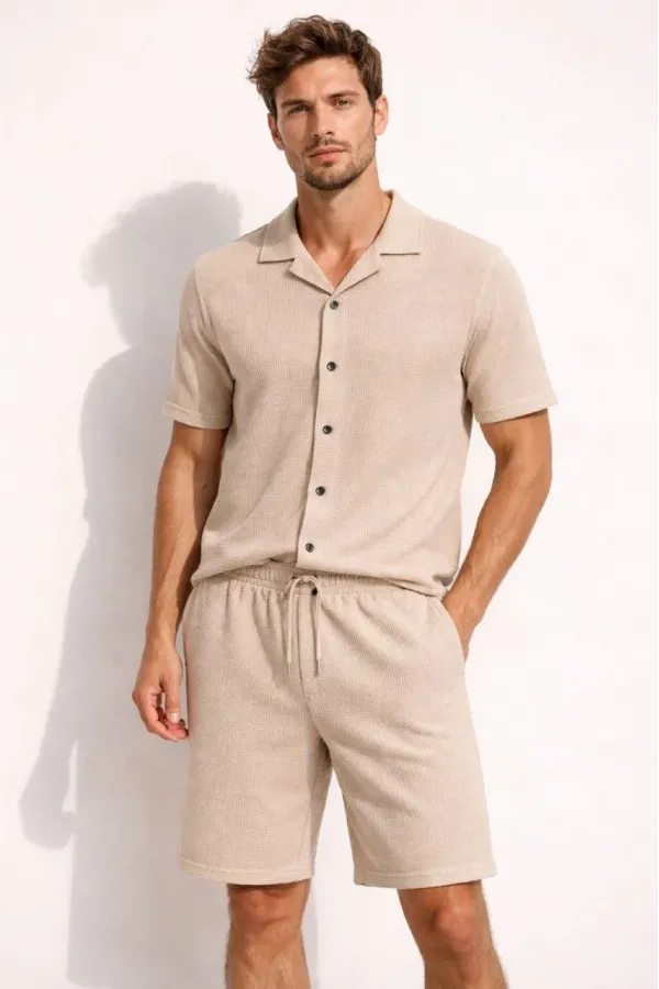 Erkek Waffle Kısa Kollu Gömlek Şort Takım Regular Fit İkili Set - Bej