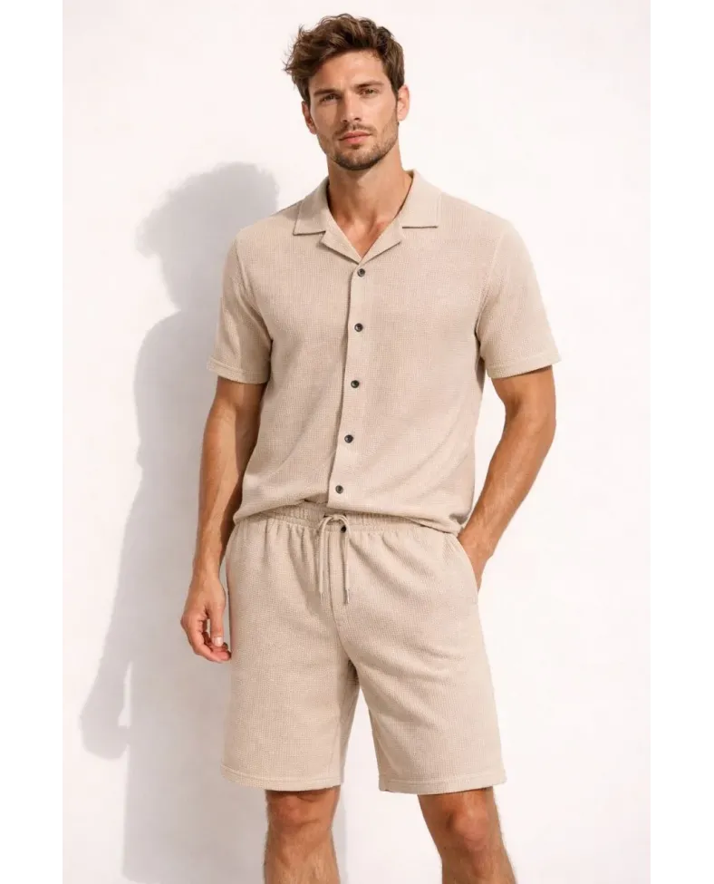 Erkek Waffle Kumaş Kısa Kol Gömlek Şort Takım Regular Yazlık İkili Set - Bej Somersan Giyim | Kadın, Erkek ve Çocuk Moda