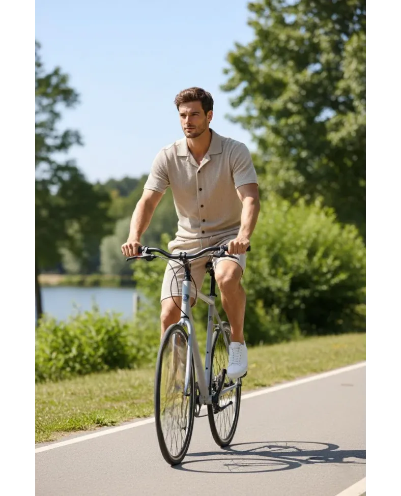 Erkek Waffle Kumaş Kısa Kol Gömlek Şort Takım Regular Yazlık İkili Set - Bej Somersan Giyim | Kadın, Erkek ve Çocuk Moda