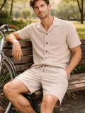 Erkek Waffle Kumaş Kısa Kol Gömlek Şort Takım Regular Yazlık İkili Set - Bej Somersan Giyim | Kadın, Erkek ve Çocuk Moda