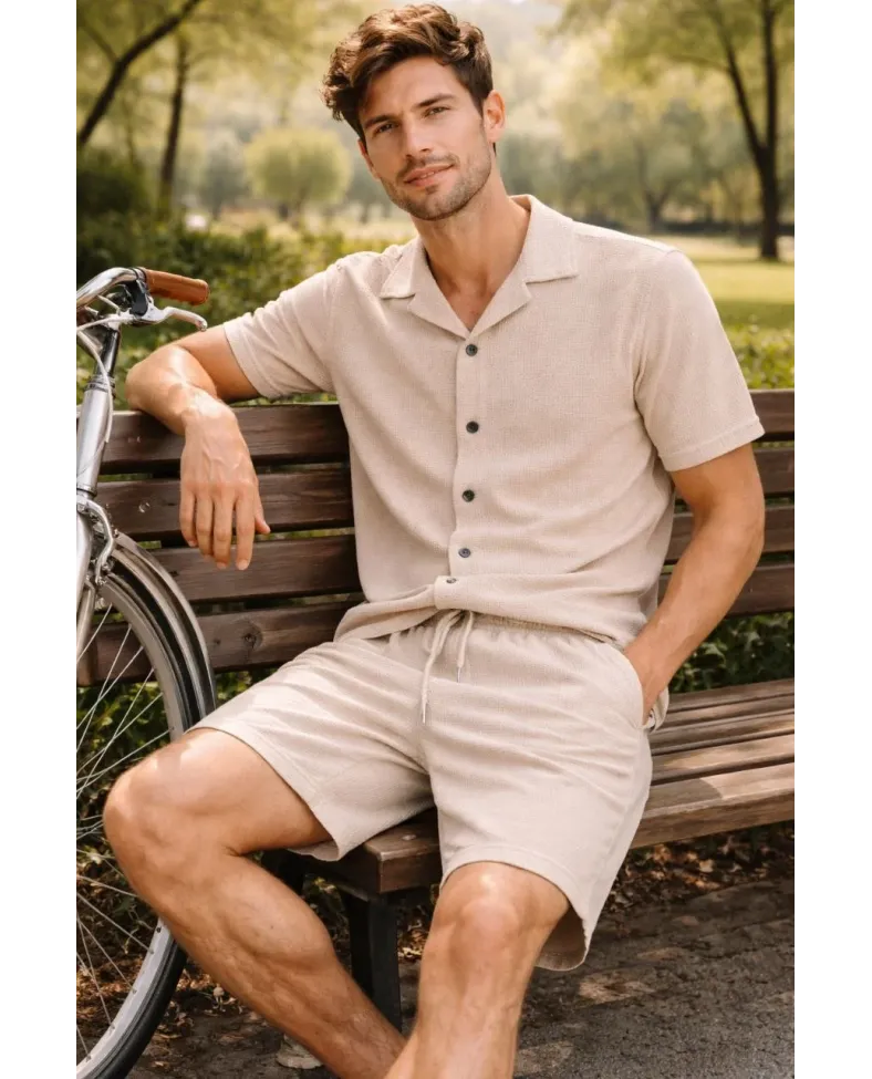 Erkek Waffle Kumaş Kısa Kol Gömlek Şort Takım Regular Yazlık İkili Set - Bej Somersan Giyim | Kadın, Erkek ve Çocuk Moda