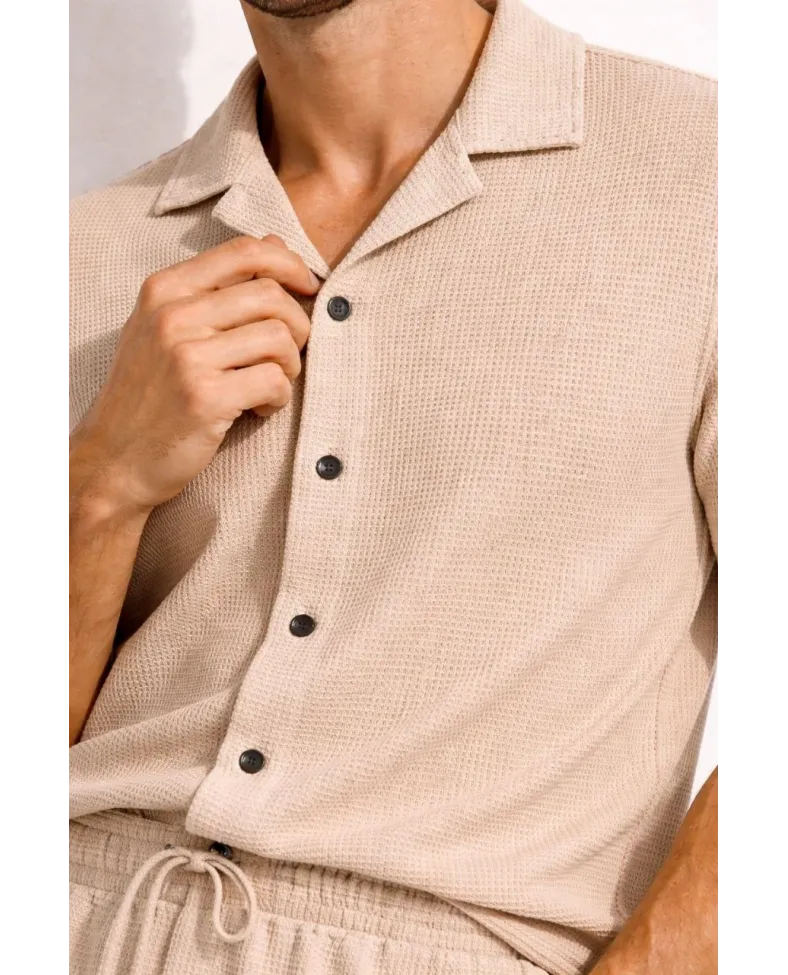 Erkek Waffle Kumaş Kısa Kol Gömlek Şort Takım Regular Yazlık İkili Set - Bej Somersan Giyim | Kadın, Erkek ve Çocuk Moda