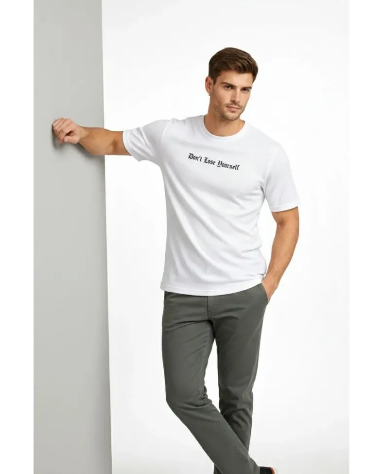 Erkek Wafıl Kumaş Tişört Regular Kalıp Bisiklet Yaka Baskılı T-Shirt - Beyaz