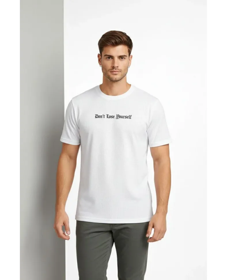 Erkek Wafıl Kumaş Tişört Regular Kalıp Bisiklet Yaka Baskılı T-Shirt - Beyaz