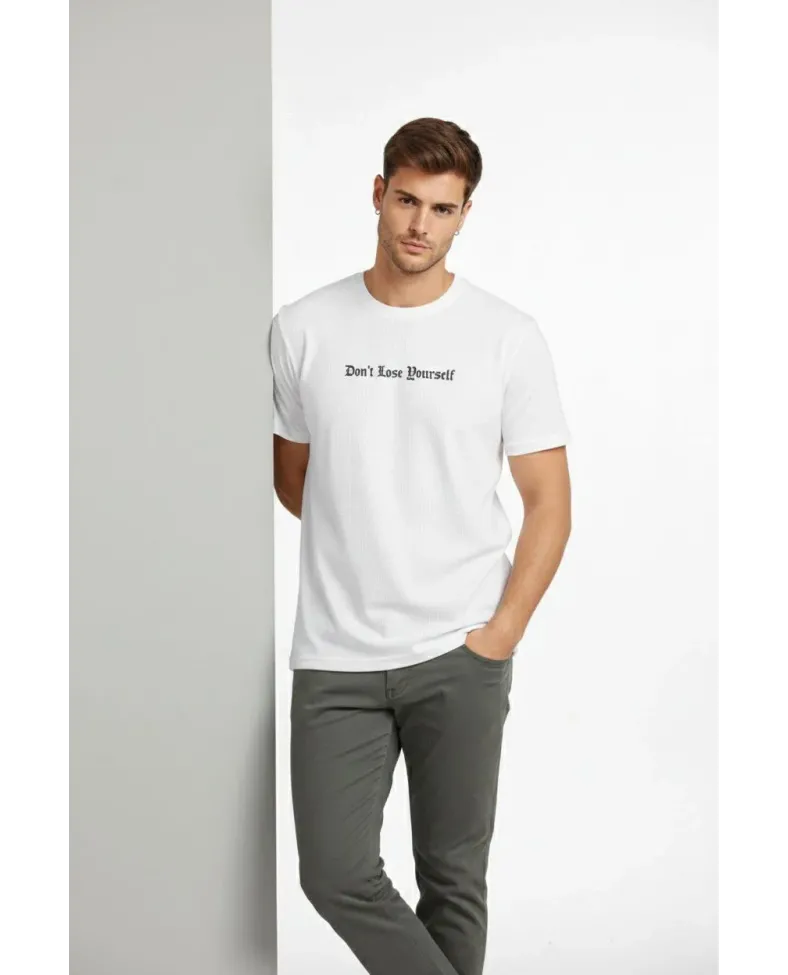 Erkek Wafıl Kumaş Tişört Regular Kalıp Bisiklet Yaka Baskılı T-Shirt - Beyaz