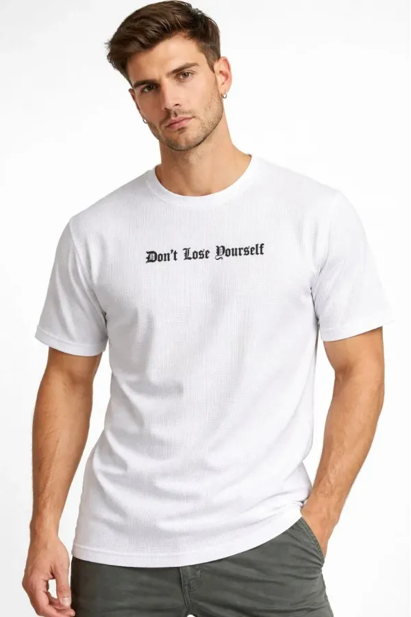 Erkek Wafıl Kumaş Tişört Regular Kalıp Bisiklet Yaka Baskılı Günlük Basic T-Shirt - Beyaz