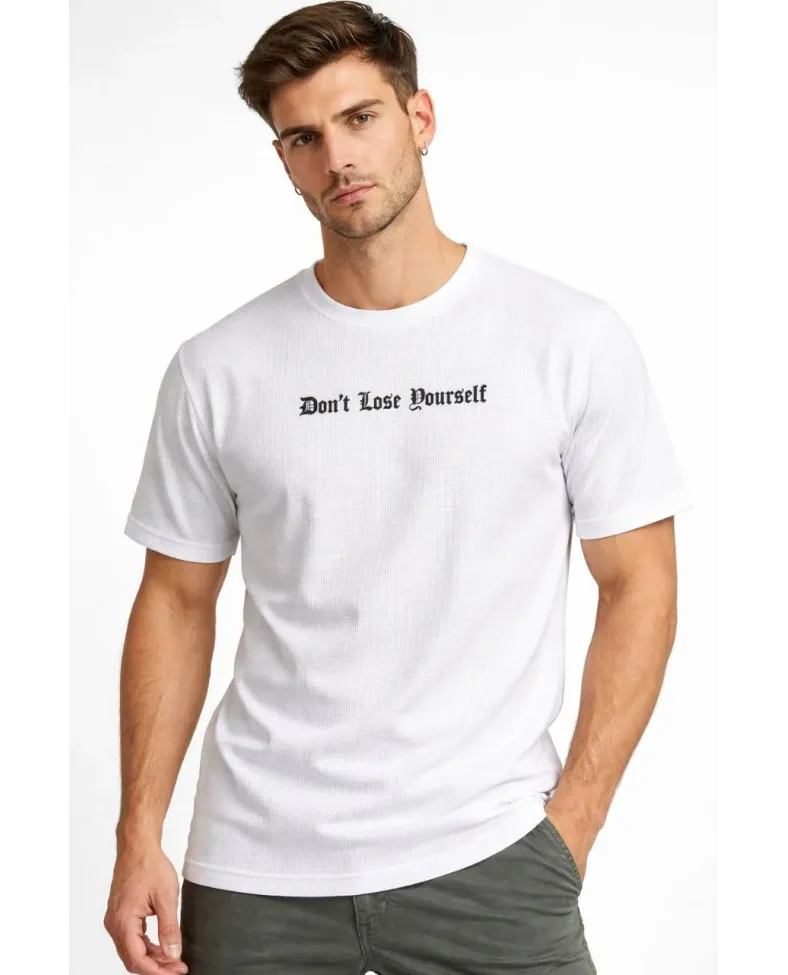 Erkek Wafıl Kumaş Tişört Regular Kalıp Bisiklet Yaka Baskılı T-Shirt - Beyaz