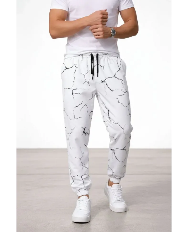 Erkek Dijital Baskılı Cepli Eşofman Alt Pantolon 3 İplik Pamuklu Lastik Paça - Beyaz