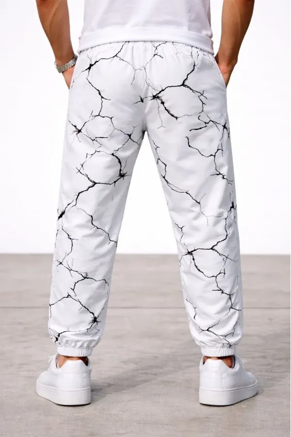 Erkek Dijital Baskılı Cepli Eşofman Alt Pantolon 3 İplik Pamuklu Lastik Paça - Beyaz