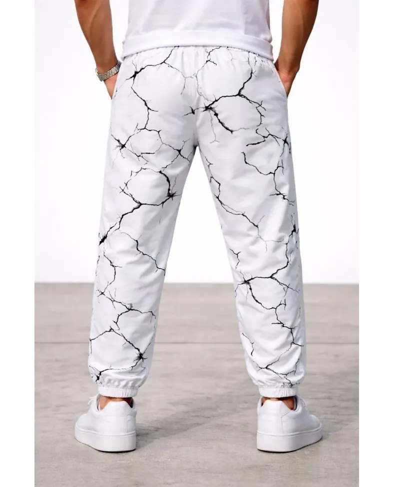 Erkek Dijital Baskılı Cepli Eşofman Alt Pantolon 3 İplik Pamuklu Lastik Paça - Beyaz