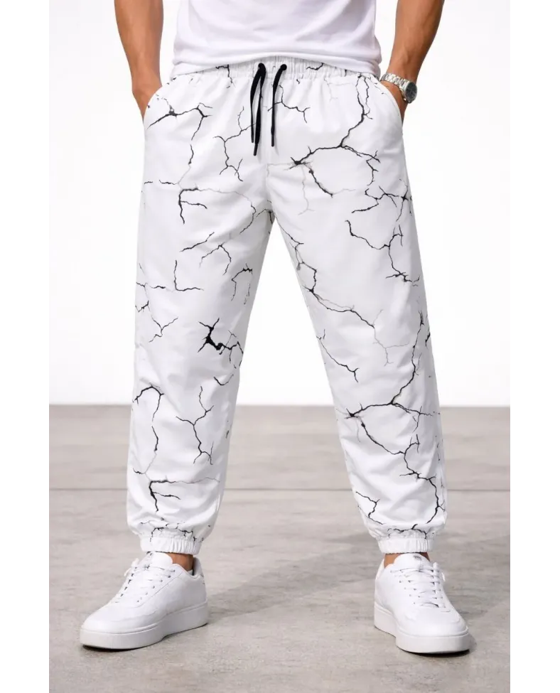 Erkek Dijital Baskılı Cepli Eşofman Alt Pantolon 3 İplik Pamuklu Lastik Paça - Beyaz