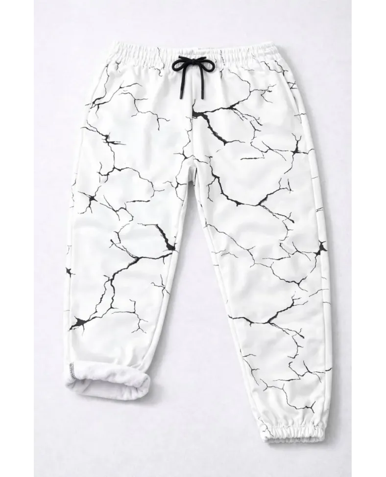 Erkek Dijital Baskılı Cepli Eşofman Alt Pantolon 3 İplik Pamuklu Lastik Paça - Beyaz