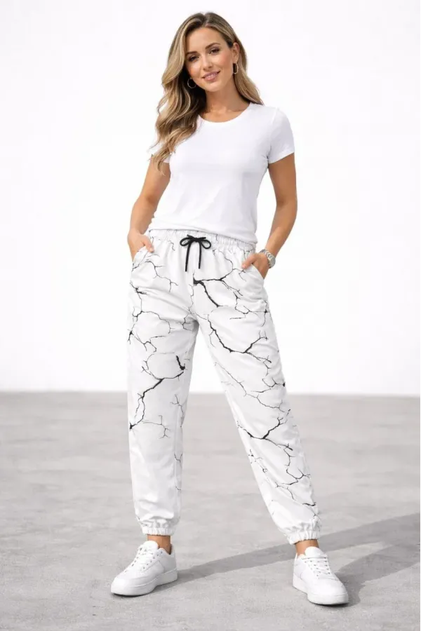 Kadın Dijital Baskılı Eşofman Altı Üç İplik Şardonlu Lastikli Paça Cepli Kalıp - Beyaz