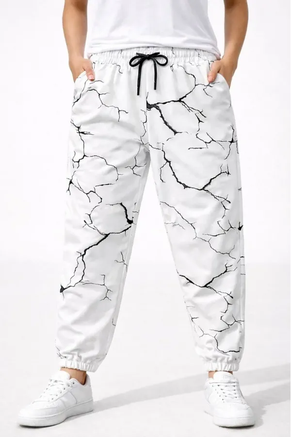 Kadın Dijital Baskılı Eşofman Altı Üç İplik Şardonlu Lastikli Paça Cepli Kalıp - Beyaz