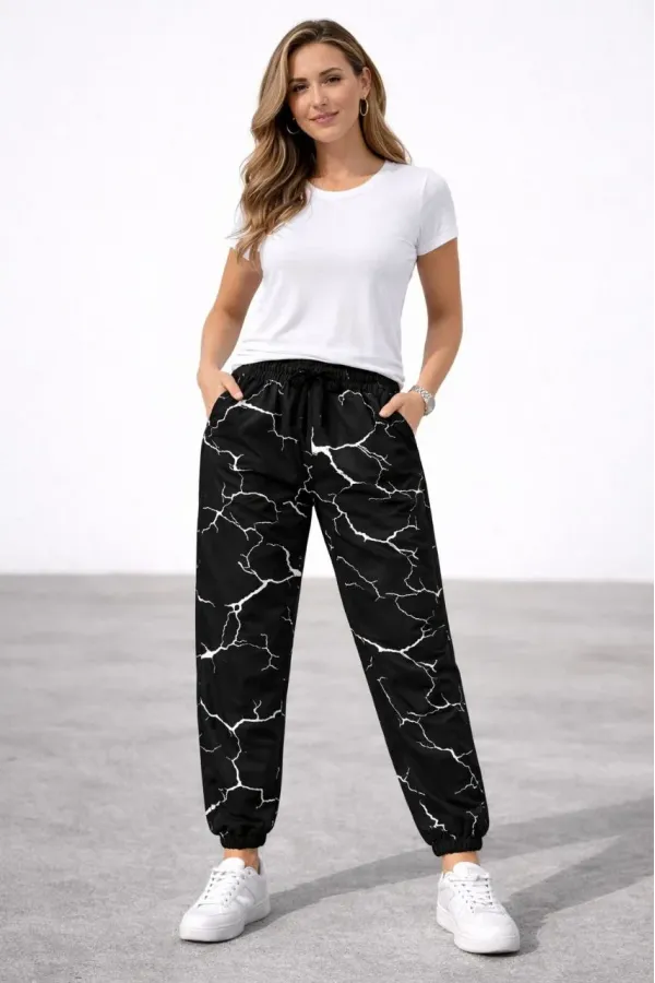 Kadın Dijital Baskılı Eşofman Altı Üç İplik Şardonlu Lastikli Paça Cepli Kalıp - Siyah