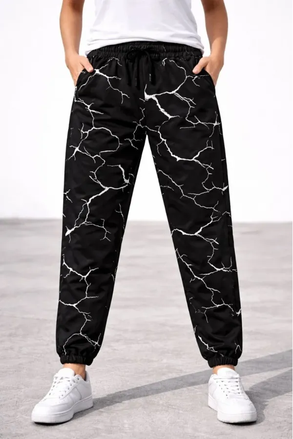 Kadın Dijital Baskılı Eşofman Altı Üç İplik Şardonlu Lastikli Paça Cepli Kalıp - Siyah