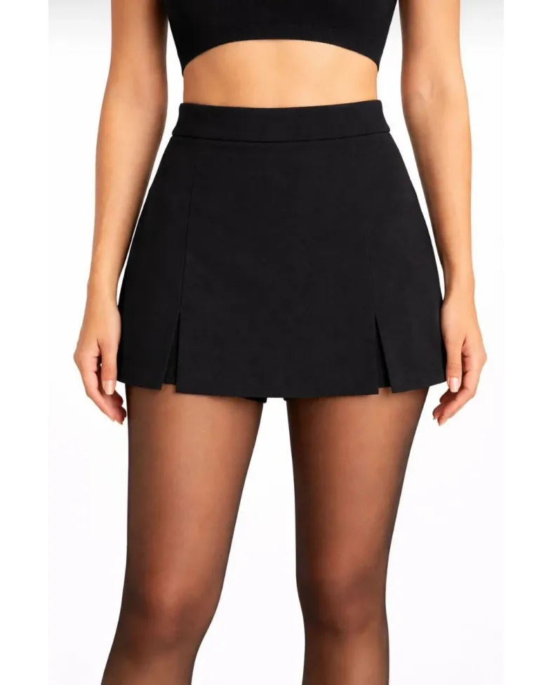 Kadın Siyah Krep Şortlu Etek Mini Boy Yırtmaç Detaylı Yüksek Bel Tasarım - Siyah