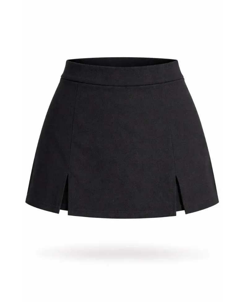 Kadın Siyah Krep Şortlu Etek Mini Boy Yırtmaç Detaylı Yüksek Bel Tasarım - Siyah