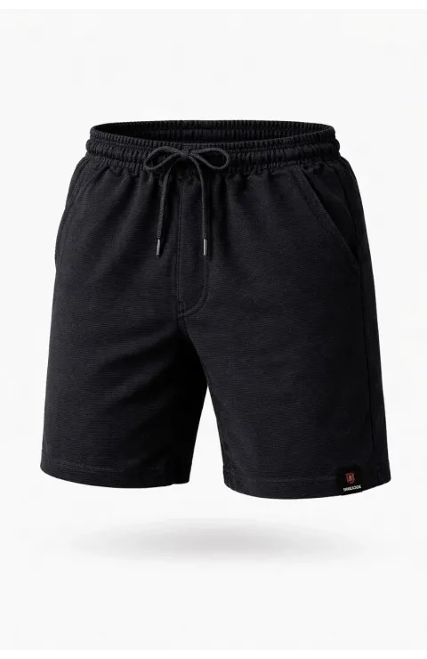 Erkek otoban Dokuma Şort Beli Lastikli Bağcıklı, Cepli, Rahat Kesim Günlük Yazlık Şort - Siyah