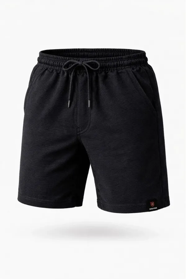 Erkek otoban Dokuma Şort Beli Lastikli Bağcıklı, Cepli, Rahat Kesim Günlük Yazlık Şort - Siyah