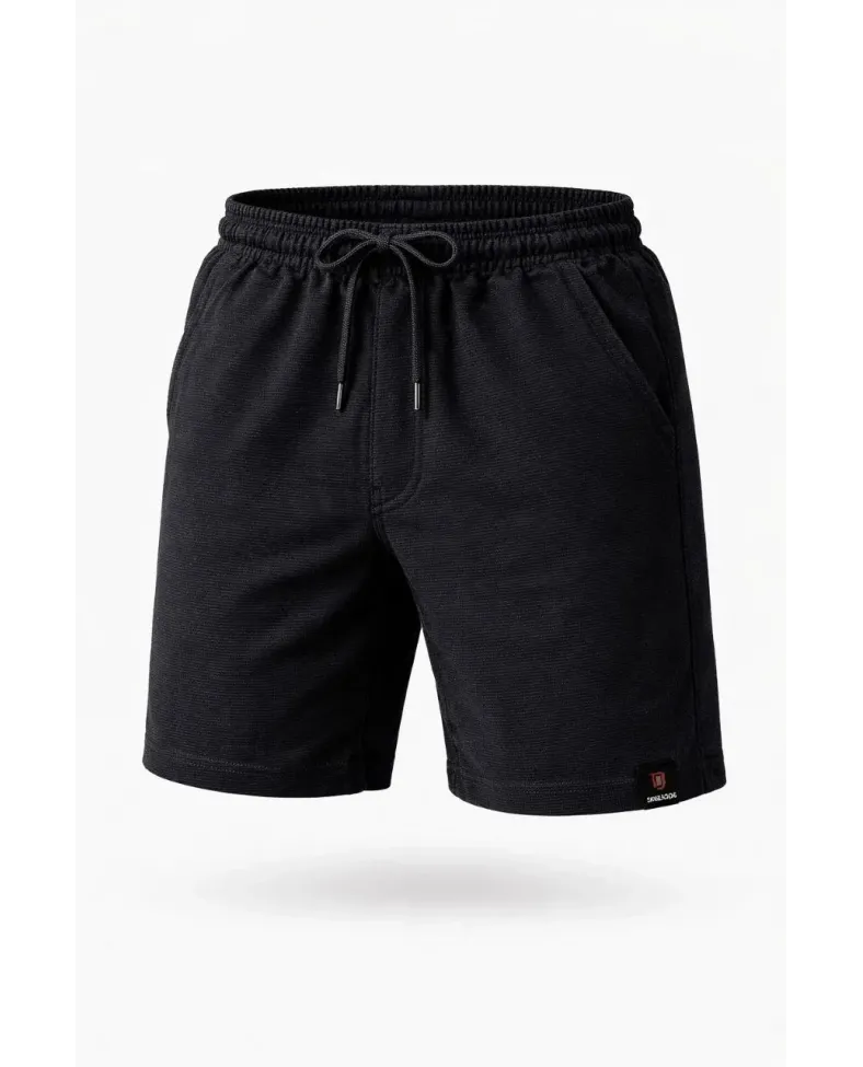 Erkek otoban Dokuma Şort Beli Lastikli Bağcıklı, Cepli, Rahat Kesim Günlük Yazlık Şort - Siyah