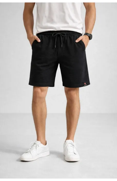 Erkek otoban Dokuma Şort Beli Lastikli Bağcıklı, Cepli, Rahat Kesim Günlük Yazlık Şort - Siyah