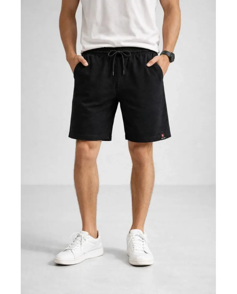 Erkek otoban Dokuma Şort Beli Lastikli Bağcıklı, Cepli, Rahat Kesim Günlük Yazlık Şort - Siyah