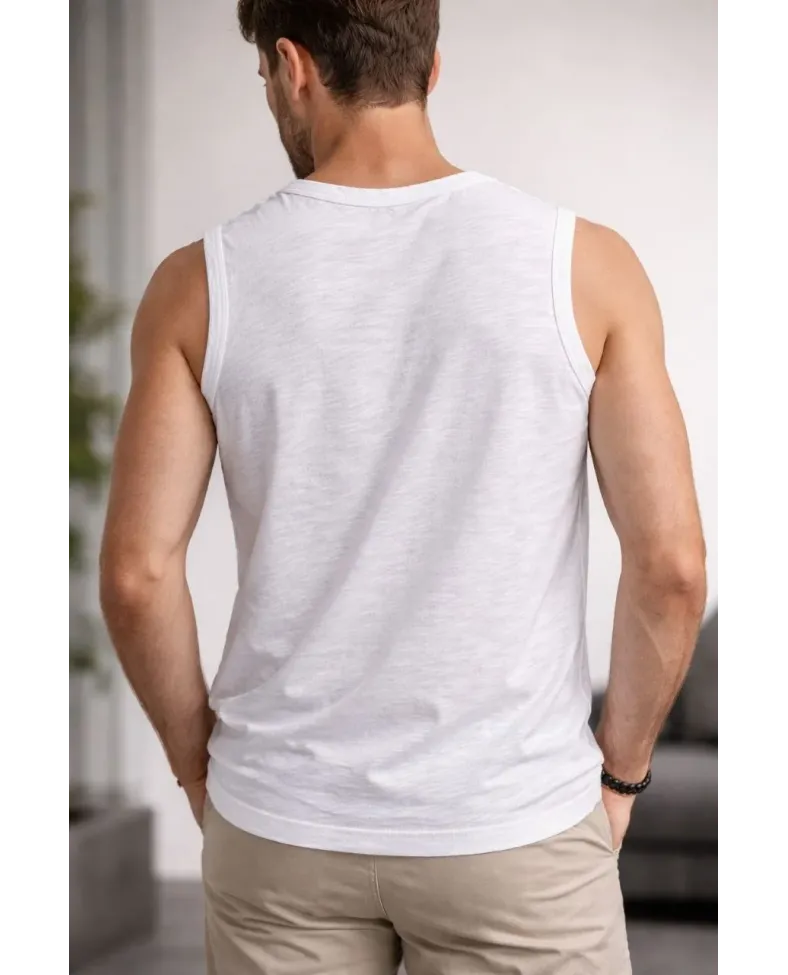 Erkek Flamlı Kumaş Kolsuz Atlet Günlük Fitness Spor T-Shirt - Beyaz