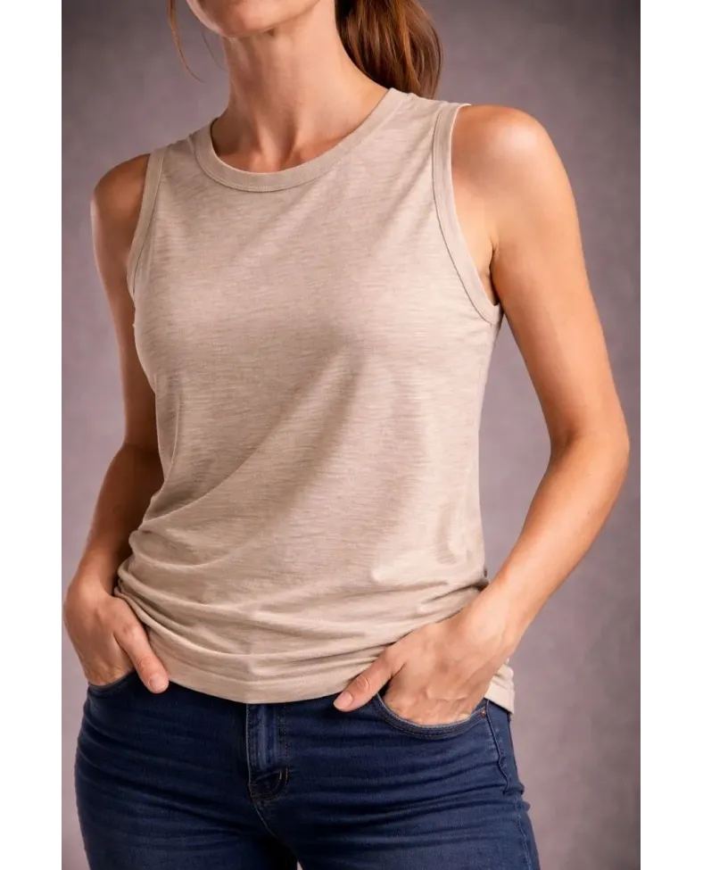 Kadın Flamlı Kumaş Sıfır Kolsuz Atlet Basic Spor Üst, Günlük ve Fitness Kullanımına Uygun - Taş